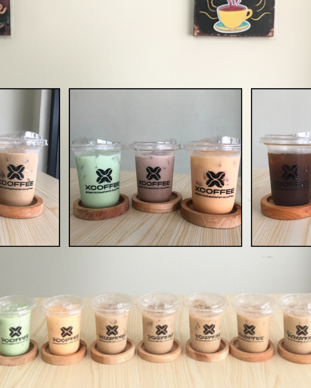 Mockup produk minuman kopi XCoffee Cianjur dalam kemasan cup dan botol untuk paket reseller